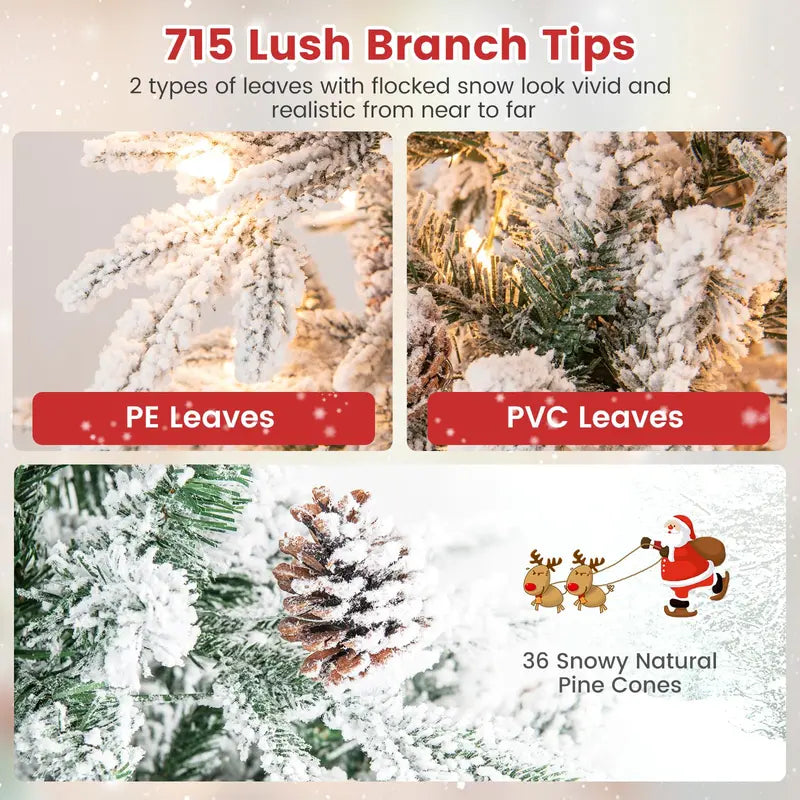 6-Foot Snow-Flocked Hinged Christmas Tree with 210 Warm-White Incandescent Bulbs