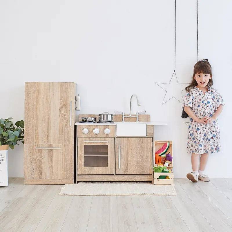 Teamson Kids Little Chef Chelsea Modern Wooden Play Kitchen, Cherry Grain/Silver, Interactive Set for Ages 3+