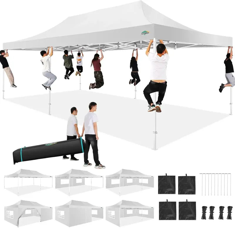 COBIZI Heavy-Duty 10×20 FT Pop-Up Canopy Tent  6 Wind-Resistant Sidewalls, Black Frame, Roller Bag