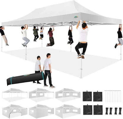 COBIZI Heavy-Duty 10×20 FT Pop-Up Canopy Tent  6 Wind-Resistant Sidewalls, Black Frame, Roller Bag