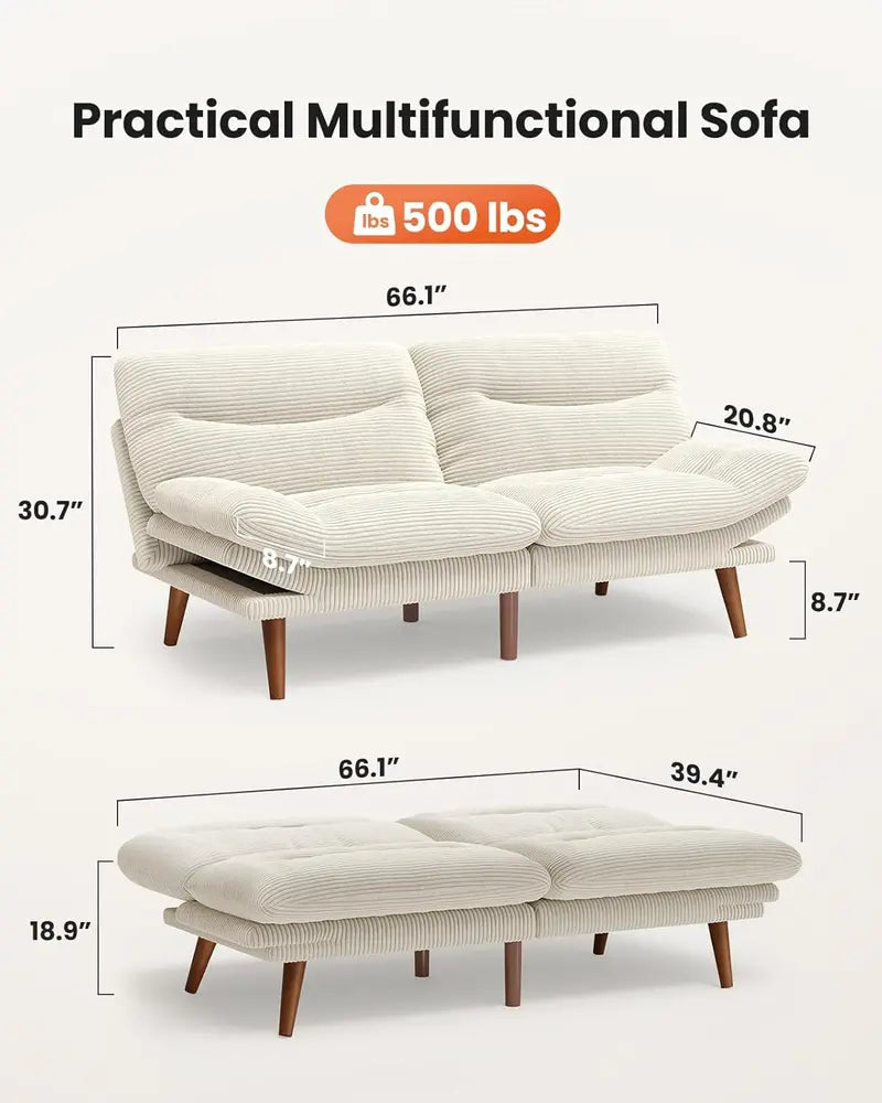 66″ Corduroy Futon Sofa Bed  Space-Saving Convertible Recliner for Studios, Offices & Playrooms