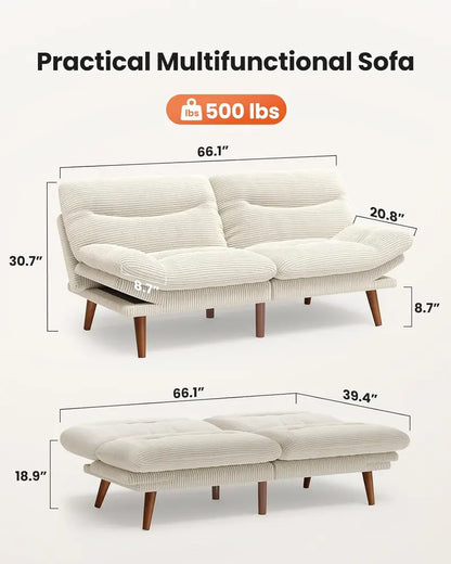 66″ Corduroy Futon Sofa Bed  Space-Saving Convertible Recliner for Studios, Offices & Playrooms