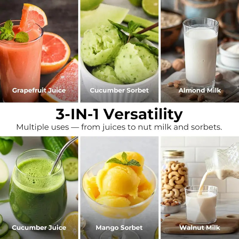 EanOruus 3-in-1 Cold Press Juicer — Wide-Chute Slow Masticating Juicer with 100 oz Juice Jug