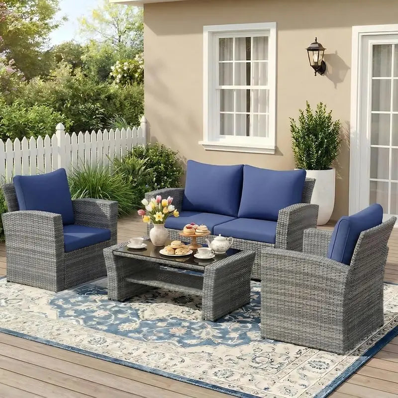 Wisteria Lane 4-Piece Navy Blue All-Weather Wicker Patio Sofa Set with Cushions and Glass Table