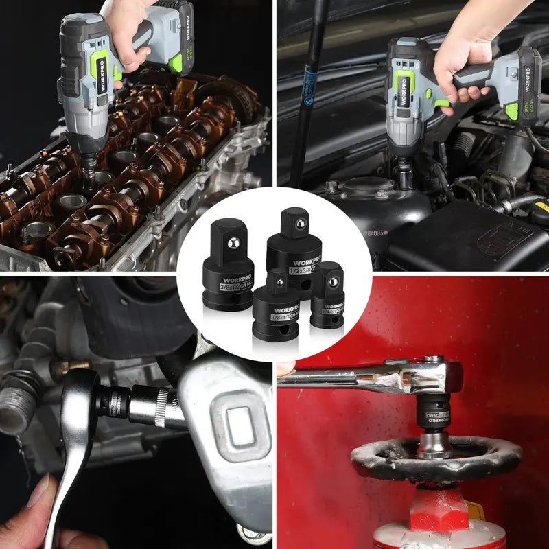 WORKPRO 4-Piece Impact Driver Socket Adapter Kit: 1/4″, 3/8″, and 1/2″ Drive Converters