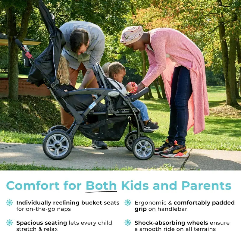 Compass Quad 4-Seat Stroller  Daycare-Ready Multi-Child Carrier with UV Canopy, 5-Point Harnesses, and Storage Bucket
