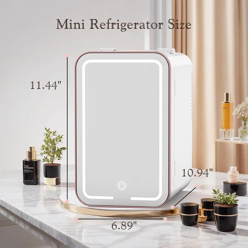 6L Skincare Mini Fridge with Dimmable LED Mirror  Compact Dual-Zone Cooler & Warmer for Cosmetics, Bedroom, or Office