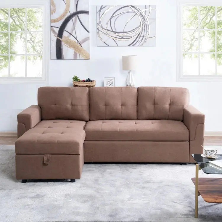 Reversible L-Shaped Sectional Sofa with Hidden Chaise Storage and Pull-Out Sleeper Function
