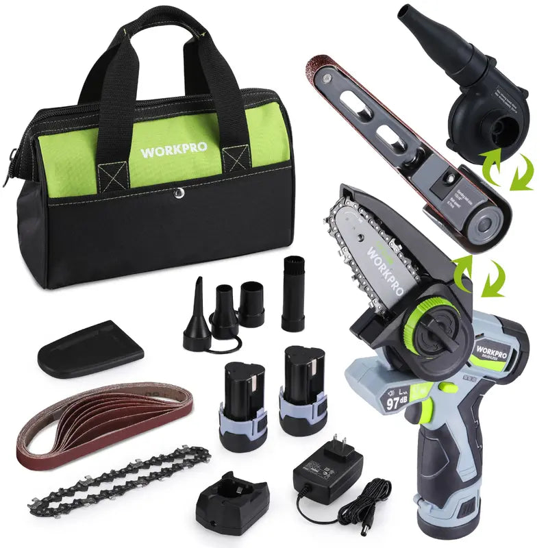 WORKPRO 3-in-1 Cordless Power Tool Kit  Detail Belt Sander, Mini Chainsaw & Electric Blower