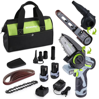 WORKPRO 3-in-1 Cordless Power Tool Kit  Detail Belt Sander, Mini Chainsaw & Electric Blower