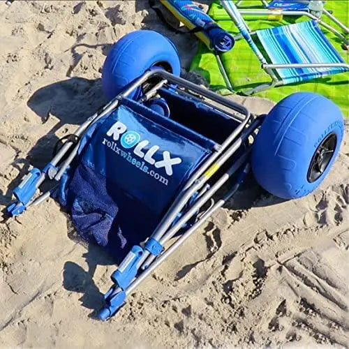 RollX Foldable Beach Cart  12″ Balloon Tires, Mesh Storage Pockets & Umbrella Holder (Blue)