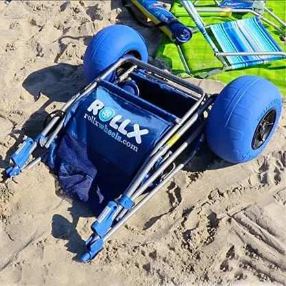 RollX Foldable Beach Cart  12″ Balloon Tires, Mesh Storage Pockets & Umbrella Holder (Blue)
