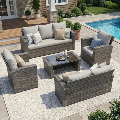 Wisteria Lane 4-Piece Navy Blue All-Weather Wicker Patio Sofa Set with Cushions and Glass Table