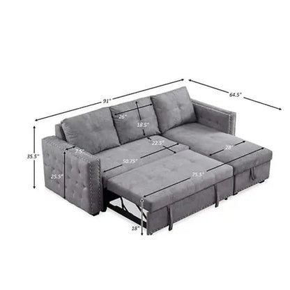 Reversible Gray Velvet L-Shape Sleeper Sectional with Built-In Storage Compartment