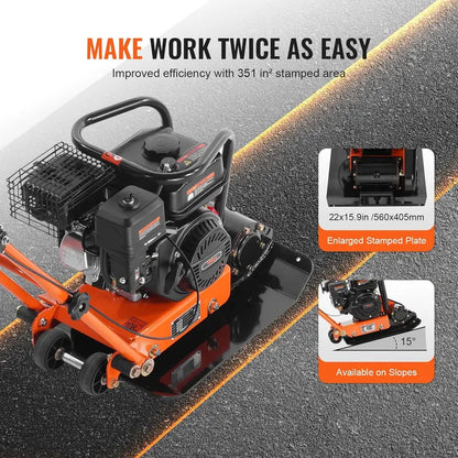 Gas-Powered Plate Compactor  6.5 HP, 196cc Engine, 4200 lb Vibratory Force, 5600 VPM for Pavers, Asphalt & Landscaping Projects