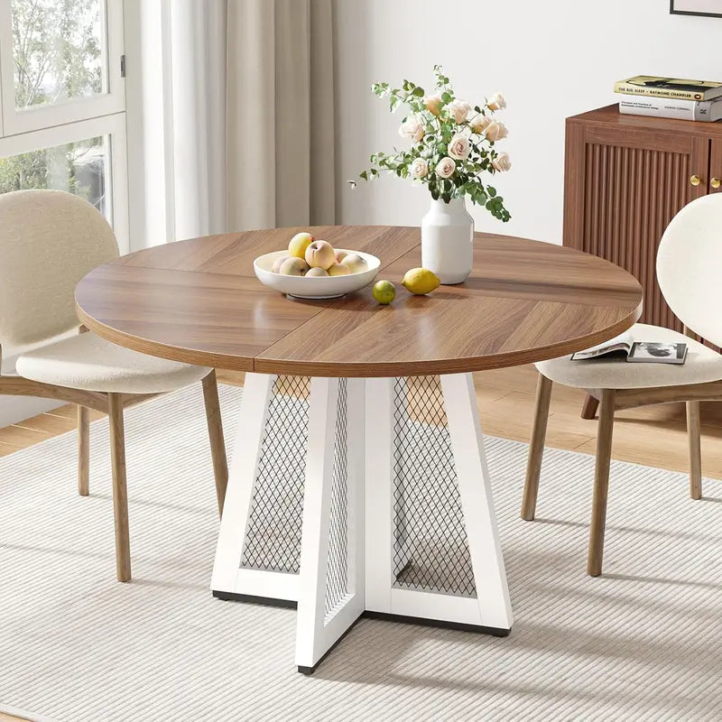 47-Inch Farmhouse Round Dining Table in Brown: Solid Wood Pedestal Base, Ideal for Kitchens, Living Rooms, and Casual Dining Spaces