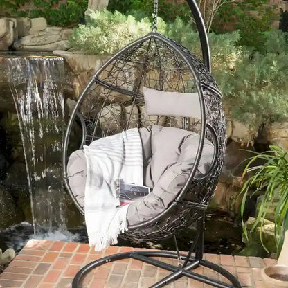 Weatherproof Wicker Hanging Basket Chair  Hammock-Style Seat with Cushions, 300 lb Capacity