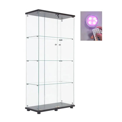 Lighted Double-Door Glass Display Cabinet  Black Finish with Four Adjustable Shelves
