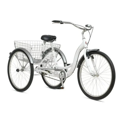 Schwinn Meridian Adult Trike  Beach Cruiser Style, 26″ Wheels, Low-Step Frame, Wide Comfort Saddle & Folding Basket
