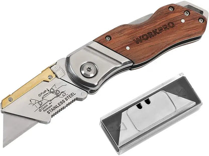 WORKPRO Heavy-Duty Folding Utility Knife with Wood Handle