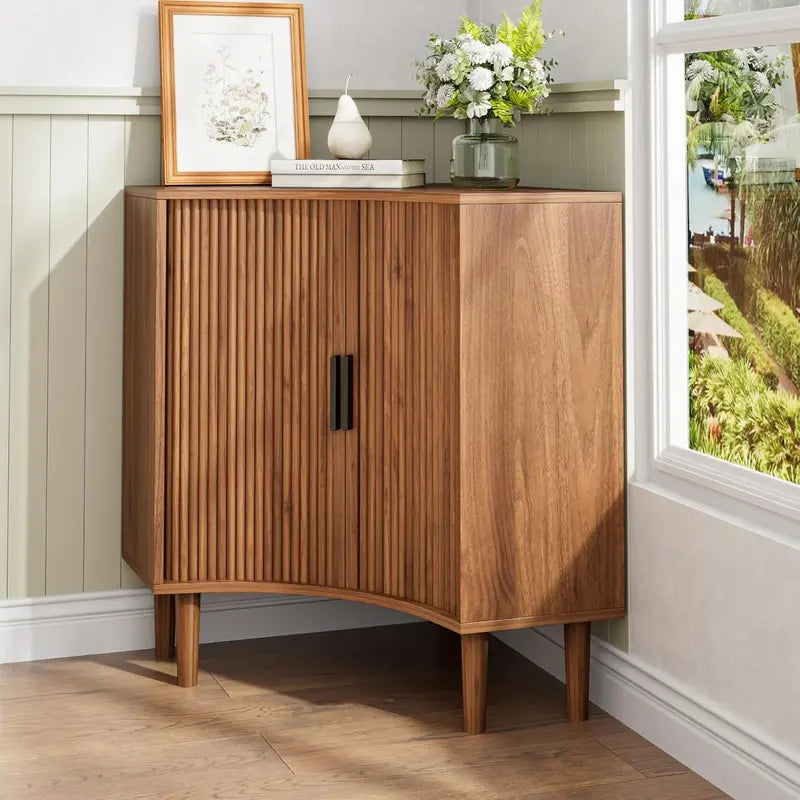 Compact Fluted Wooden Corner Base Cabinet — Minimalist Storage Solution