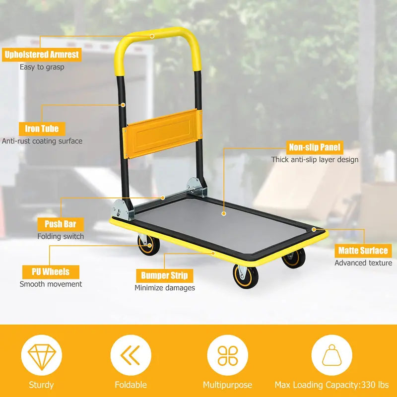 Lightweight Folding Flatbed Cart  330 LB Capacity Yellow Platform Dolly with Push Handle