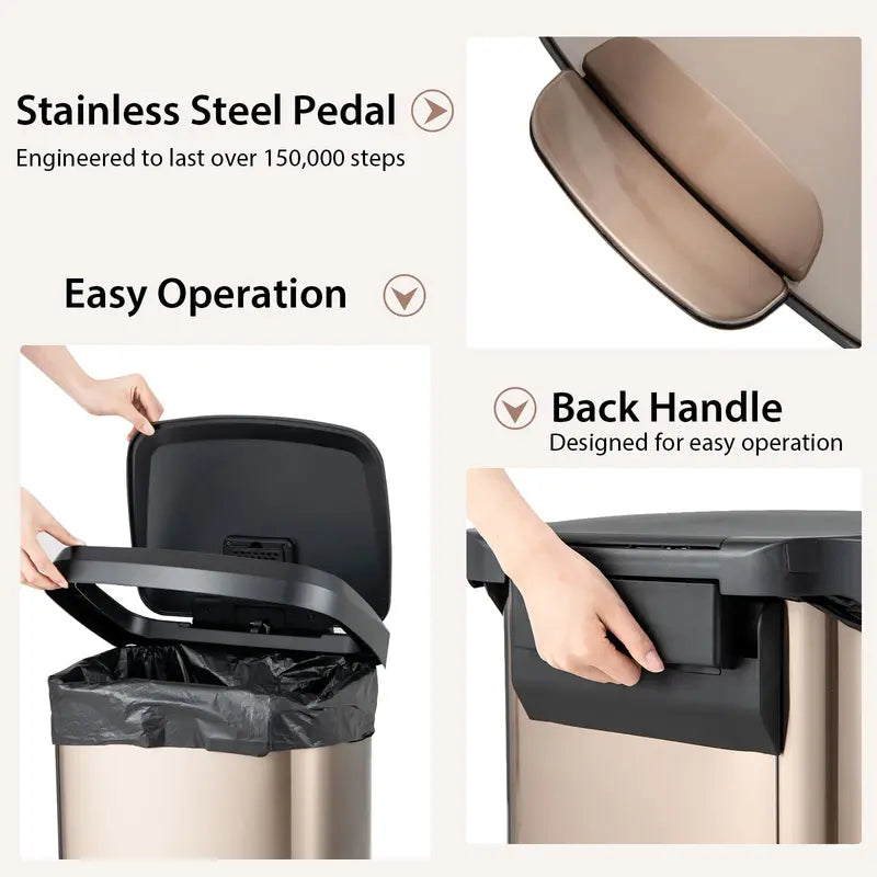 13-Gallon Stainless Steel Trash Can  Soft-Close Lid, Foot Pedal & Odor Control