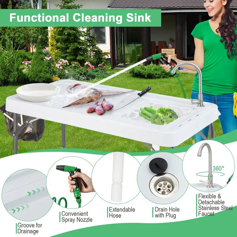 Folding Fish Cleaning Station, 42.5-Inch Stainless Table with Built-In Sink & Spray Nozzle