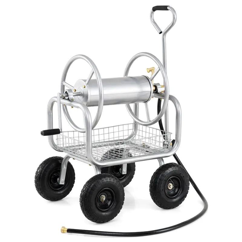 Heavy-Duty Hose Reel Cart with Integrated Storage Basket  Supports 300 Feet of 5/8-Inch Garden Hose
