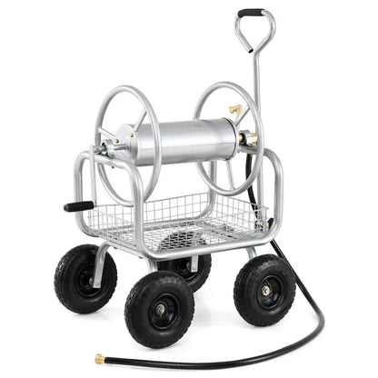 Heavy-Duty Hose Reel Cart with Integrated Storage Basket  Supports 300 Feet of 5/8-Inch Garden Hose