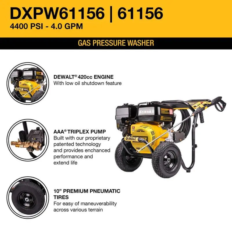 DEWALT 4400 PSI 4.0 GPM Gas Pressure Washer, 420cc Engine, Heavy-Duty Frame