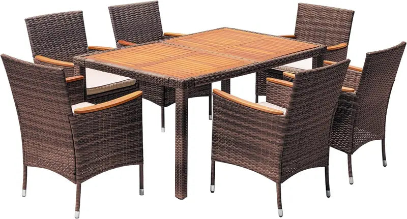 Devoko 7-Piece Acacia Wood & Rattan Patio Dining Set  Outdoor Conversation Furniture with Natural Wood Table Top