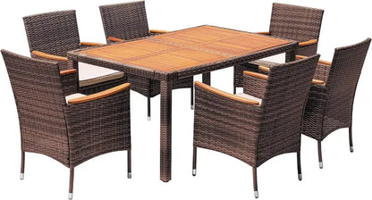 Devoko 7-Piece Acacia Wood & Rattan Patio Dining Set  Outdoor Conversation Furniture with Natural Wood Table Top