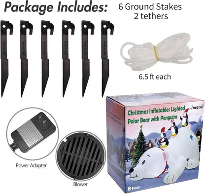 Juegoal 7.7ft Christmas Inflatable Polar Bear with Penguins, LED Lighted, Indoor Outdoor Holiday Decor