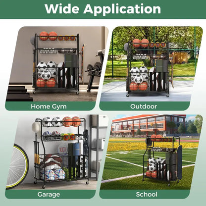 Mobile Sports Equipment Organizer  Wheeled Ball Rack for Garage or Gym Storage