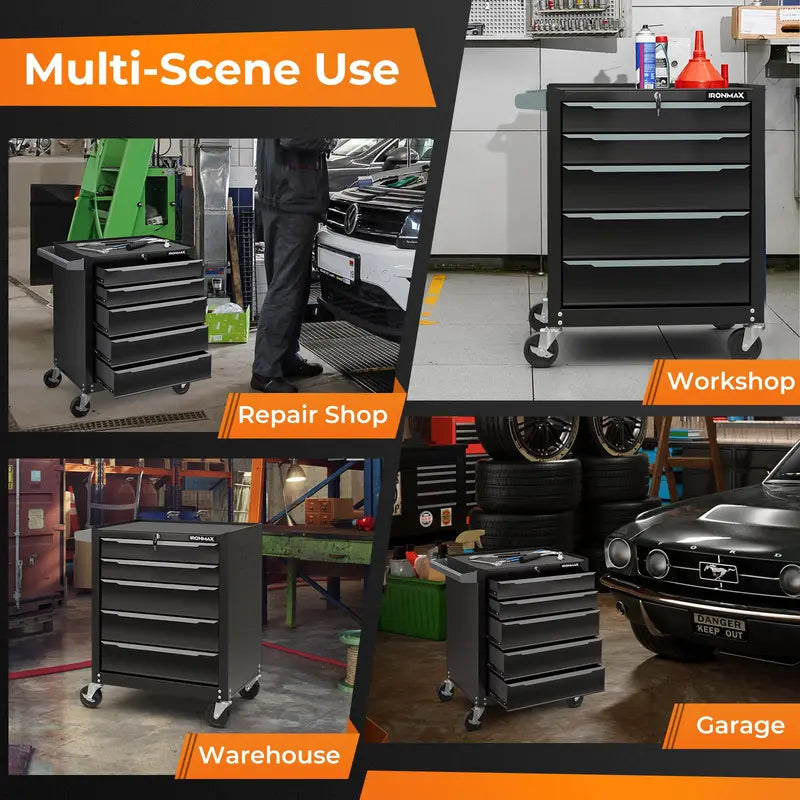 5-Drawer Rolling Steel Tool Chest  Mobile Workshop Cabinet with Hanging Rod Holes & Smooth Casters