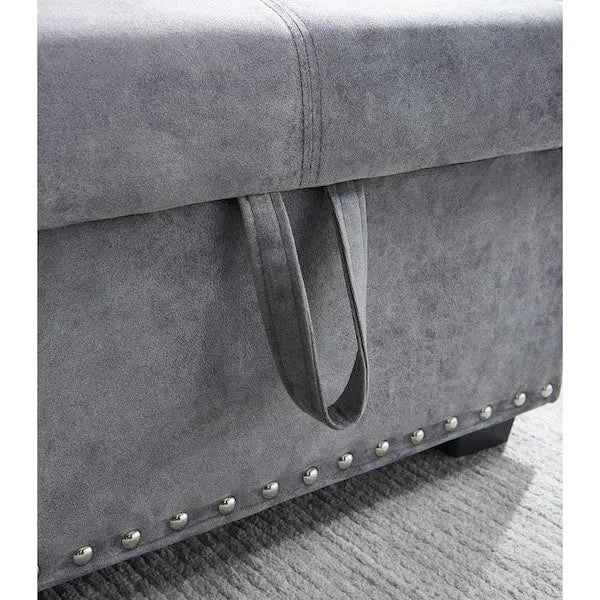 Reversible Gray Velvet L-Shaped Sleeper Sectional Sofa  3-Seater with Hidden Storage