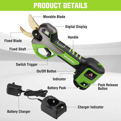 WORKPRO 12V Cordless Pruning Shears — 1.2″ Cutting Capacity with Dual Batteries and Fast Charger