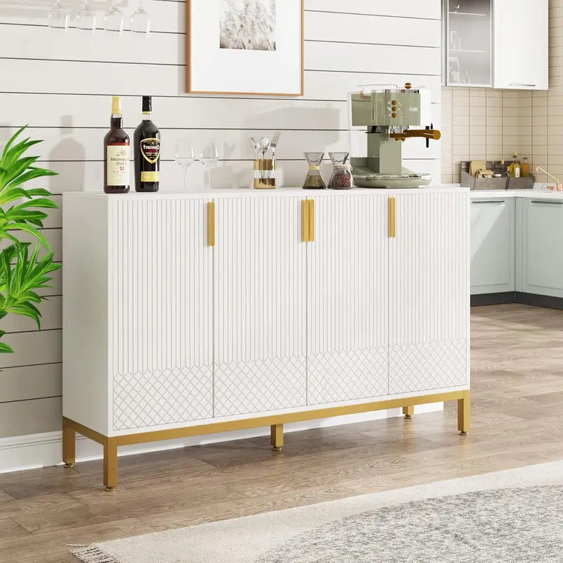 59-Inch Luxury Black-and-Gold Buffet Cabinet with 4 Doors, Coffee Bar Storage for Dining or Living Room