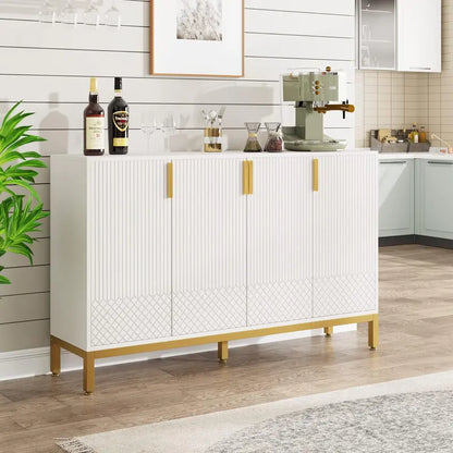 59-Inch Luxury Black-and-Gold Buffet Cabinet with 4 Doors, Coffee Bar Storage for Dining or Living Room