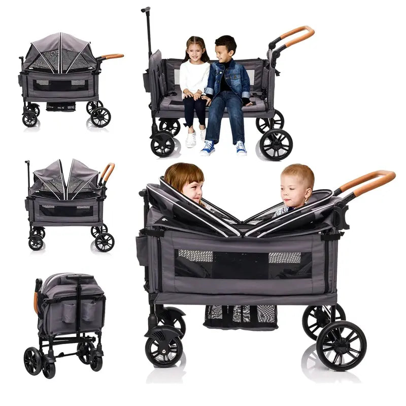 Lightweight Foldable Double Wagon Stroller  Push-Pull Travel Stroller for Newborns & Toddlers, 5-Point Safety Harness, Canopy, Tray Table & Cup Holder