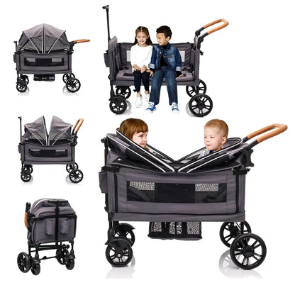 Lightweight Foldable Double Wagon Stroller  Push-Pull Travel Stroller for Newborns & Toddlers, 5-Point Safety Harness, Canopy, Tray Table & Cup Holder