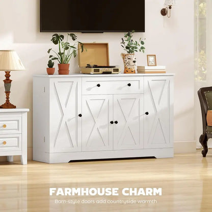 54-Inch Farmhouse White Coffee Bar Cabinet — Barn-Door Sideboard with 6 Shelves, Drawer & Adjustable Storage