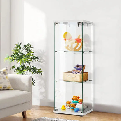 Locking 4-Tier Glass Display Cabinet  Countertop Showcase with Tempered Glass Panels and MDF Base