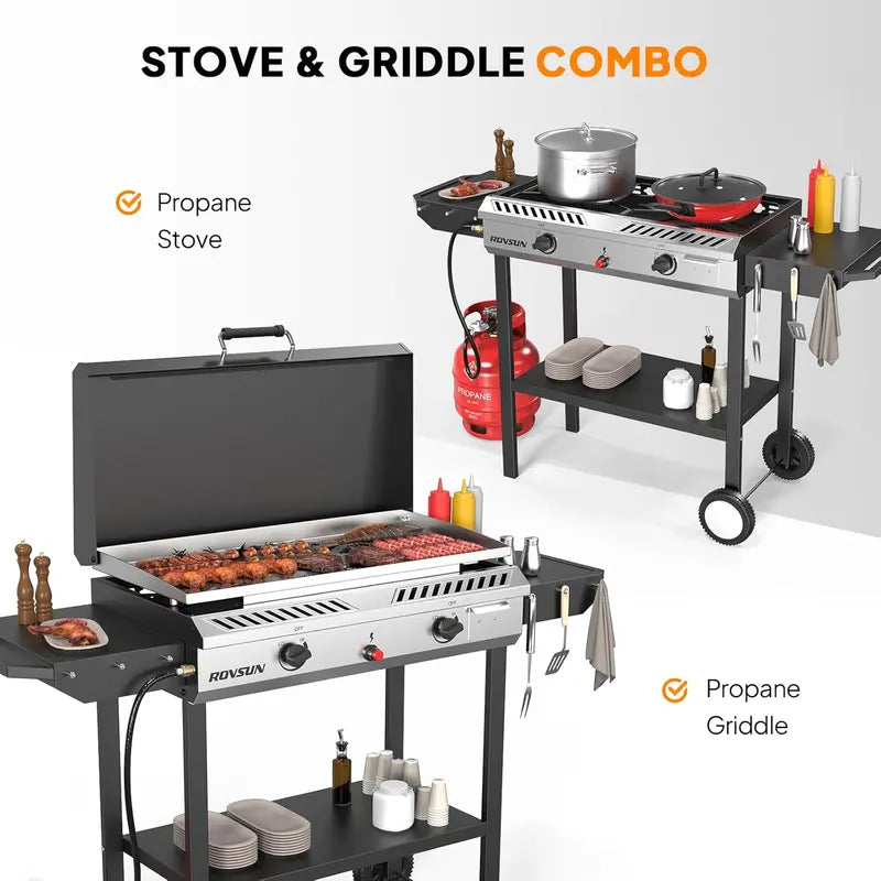 150,000 BTU Outdoor Propane Stove  2-Burner with Griddle, Auto-Ignition, Side Shelves & Regulator for Camping, Brewing & Grilling