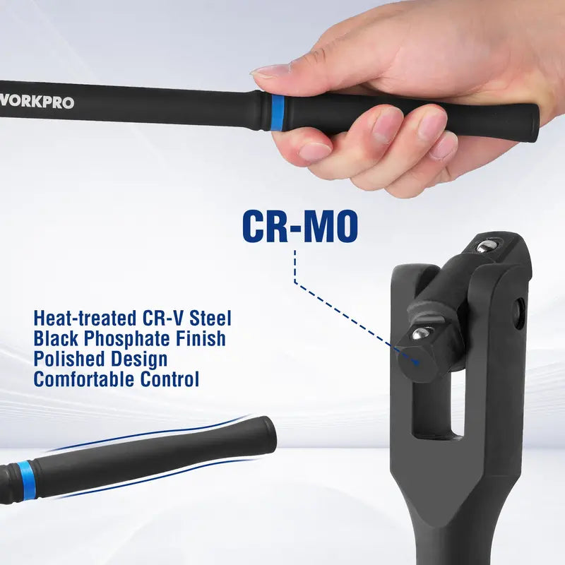 WORKPRO 16-Inch Dual-Drive Breaker Bar — 360° Rotatable Head for 3/8″ and 1/2″ Drives