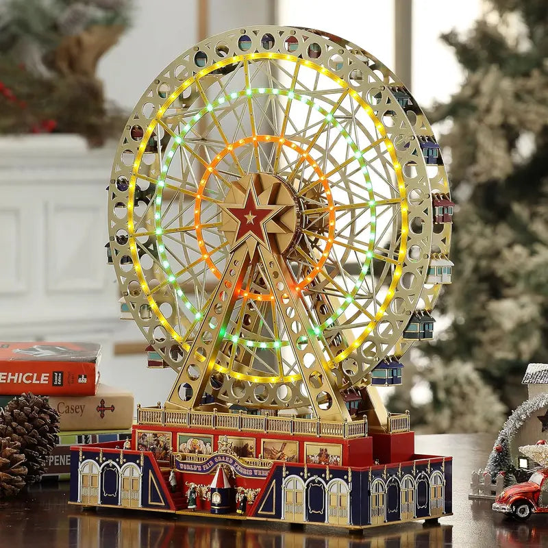 Musical Holiday Carousel Decor  Dual-Set Animated Ferris Wheel & Merry-Go-Round (15″ Gold + 12″ Red)