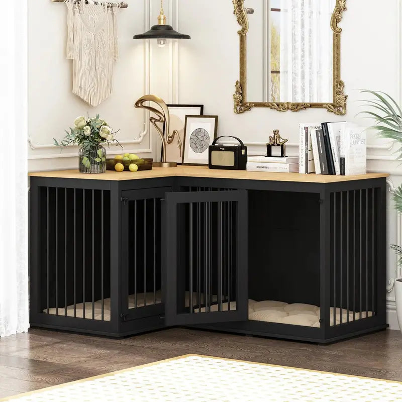 L-Shaped Corner Dog Crate Furniture  Dual-Dog Capacity, 58.7″ x 41.1″, Stylish Enclosed Design