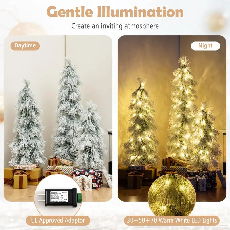 Holiday Tree Trio  Assorted 3’, 4’, and 5’ Snow-Flocked Pre-Lit Christmas Trees