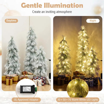 Holiday Tree Trio  Assorted 3’, 4’, and 5’ Snow-Flocked Pre-Lit Christmas Trees